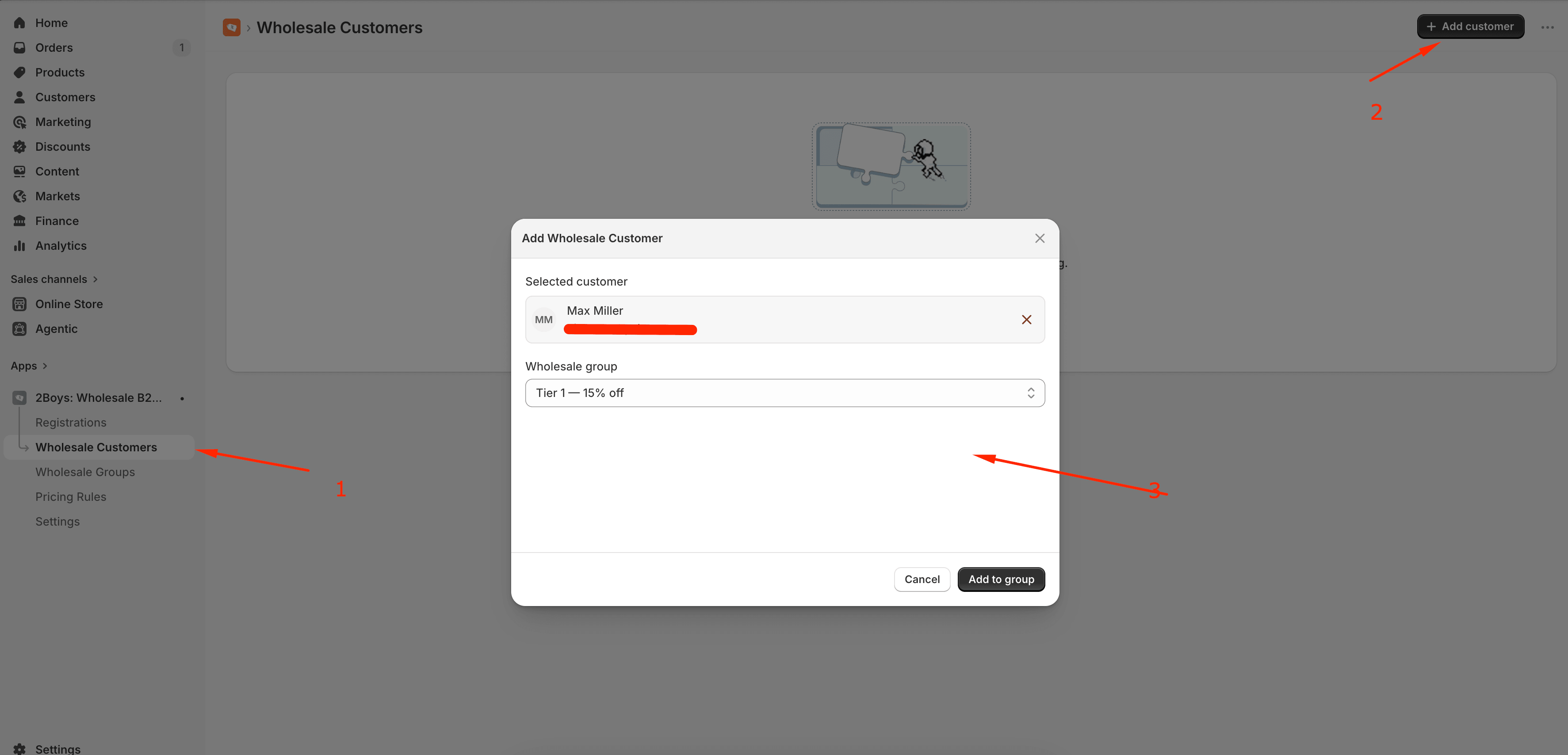 The Add Customer modal with the search picker open.